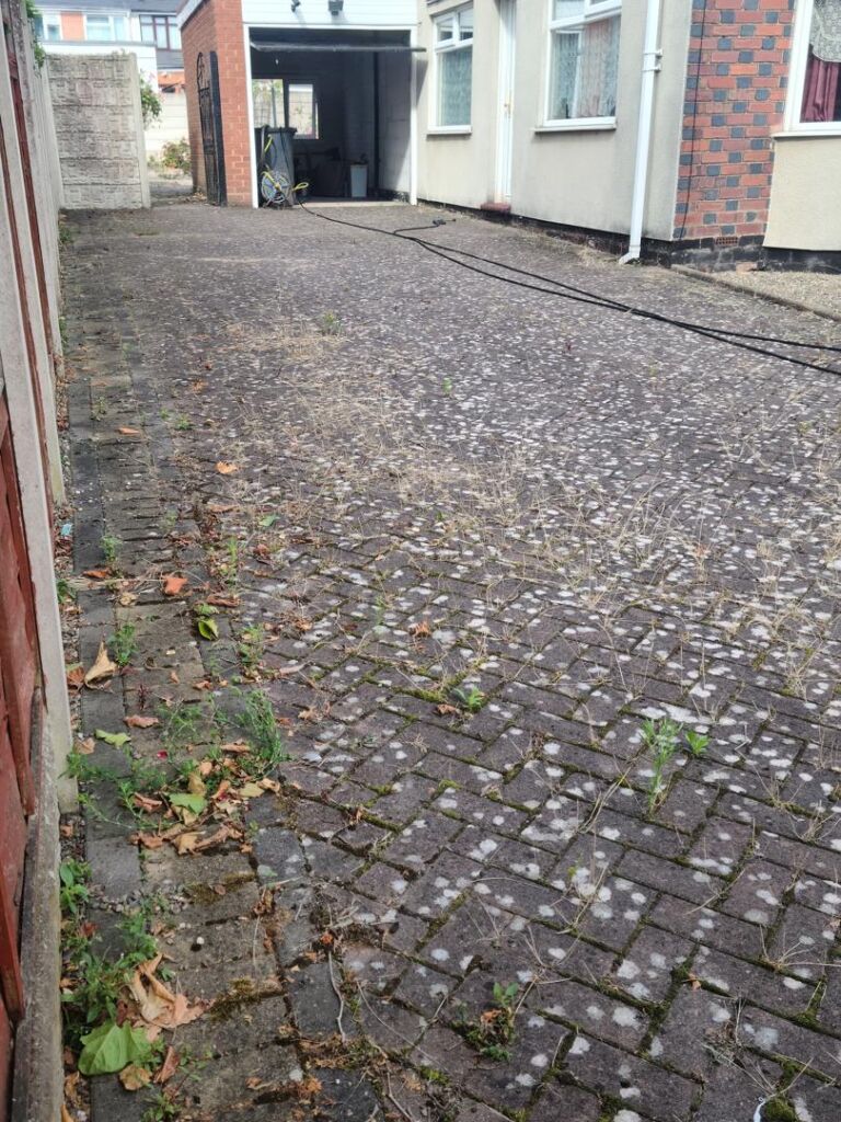 a block paving drive before being cleaned